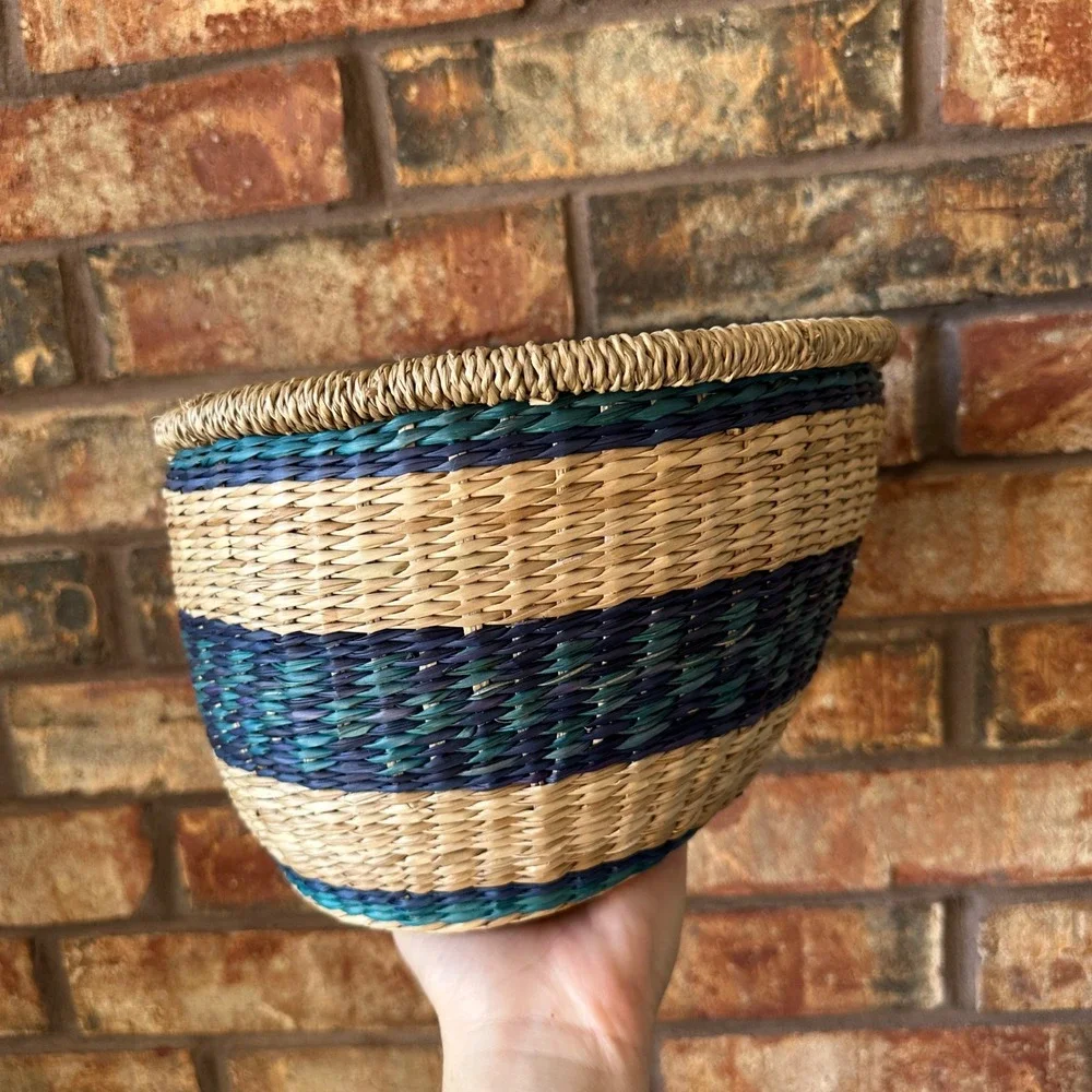 Handwoven Round Seagrass Basket with Lid Blue Green Neutral Striped Boho Storage